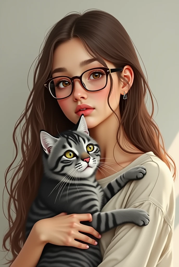 A fair-skinned girl with long brown hair and fairly square glasses, she has Hazel eyes and is holding a grey cat with dark grey stripes and light green eyes.