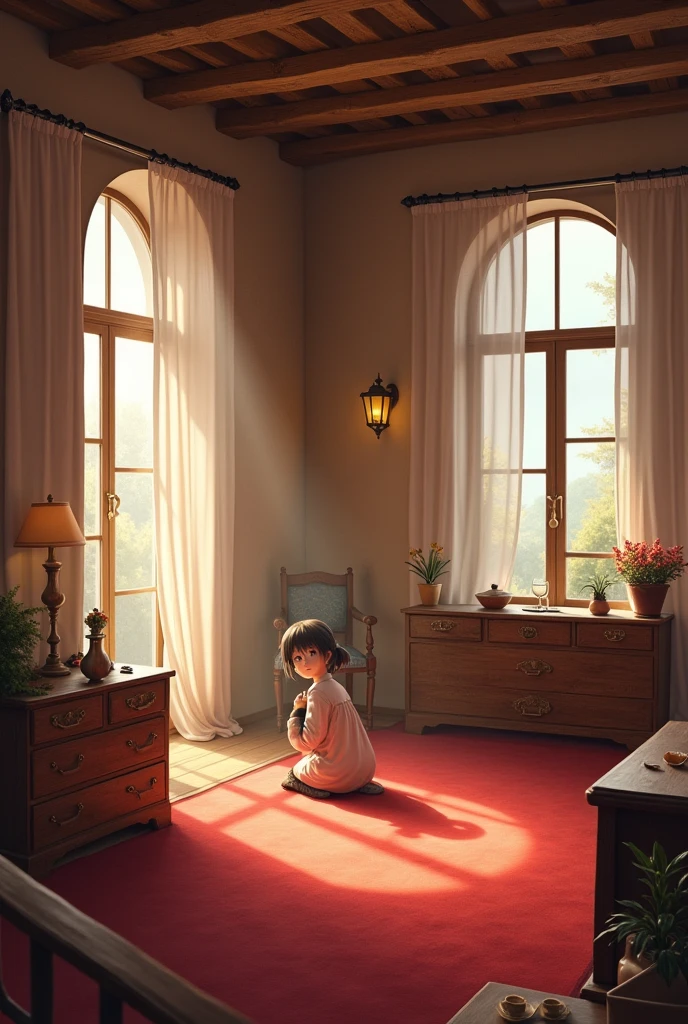 Room with red floor, windows with white curtains and white ceiling
. smoke or bone colored walls
