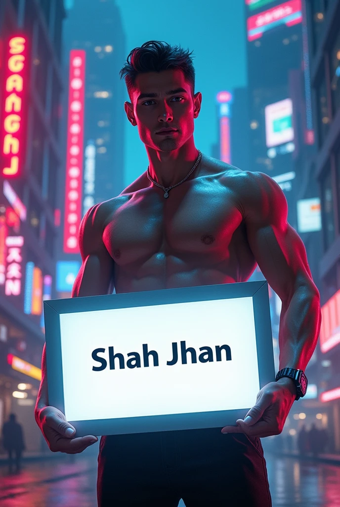Handsome boy With big muscles Standing Next to neon city holding White board with text 'Shah Jhan'