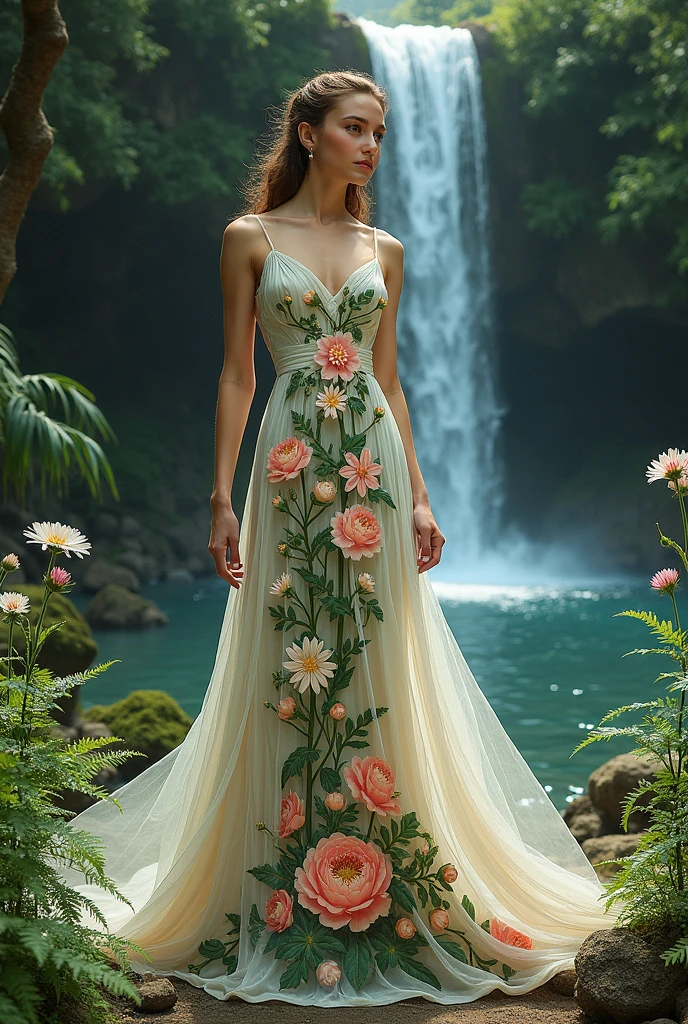 Manta dress with May flower painting, fern and a waterfall painted on the dress