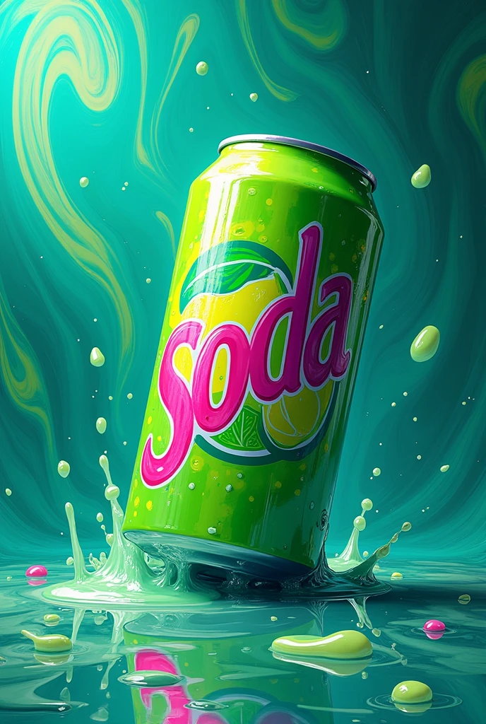 A psychedelic melted art with cyan green and hot pink details of a green can with Lemon Soda written on it