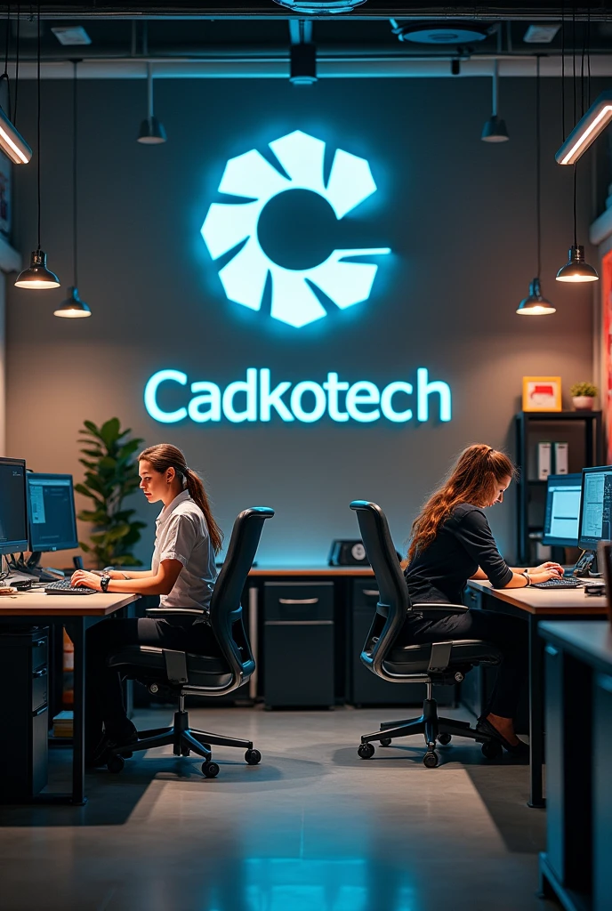 I want to create a new office design photo with the logo cadkotech with beautiful and sexy girls. We work in mechanics. We have 7 male members.
