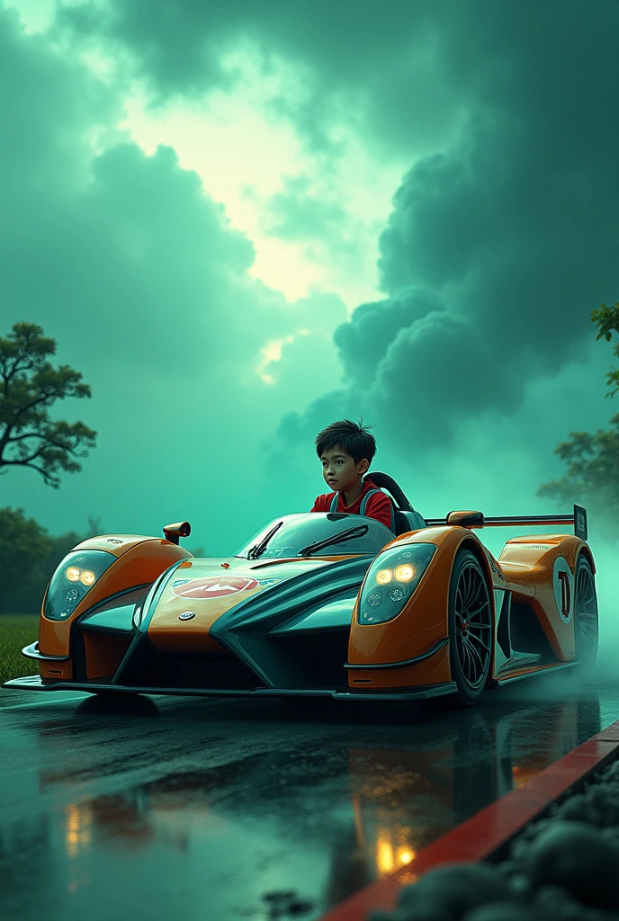 A Japanese racing car and a Japanese boy is traveling from there with a greenish turquoise background and thunder falling 