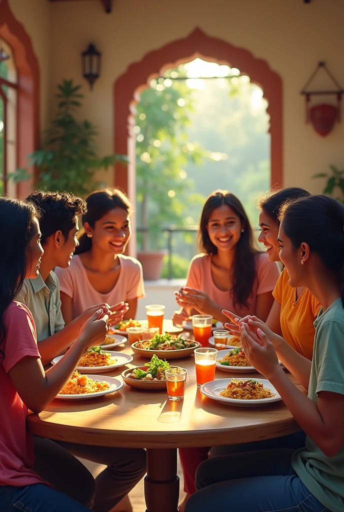 Create college students having healthy food together in india