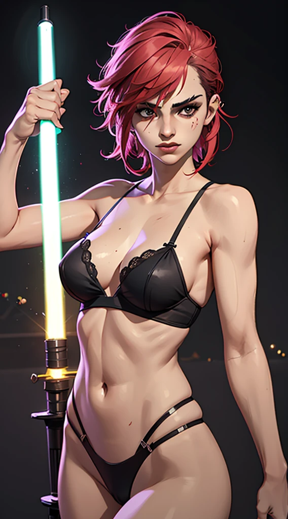 A girl wearing a black lingerie in the dark. She is holding a light saber like a Jedi, and the ligh of that saber, reveals the curve of her body

(masterpiece, best quality, shiny skin)