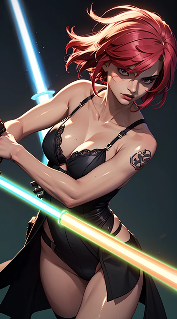 A girl wearing a black lingerie in the dark. She is holding a light saber like a Jedi, and the ligh of that saber, reveals the curve of her body

(masterpiece, best quality, shiny skin)