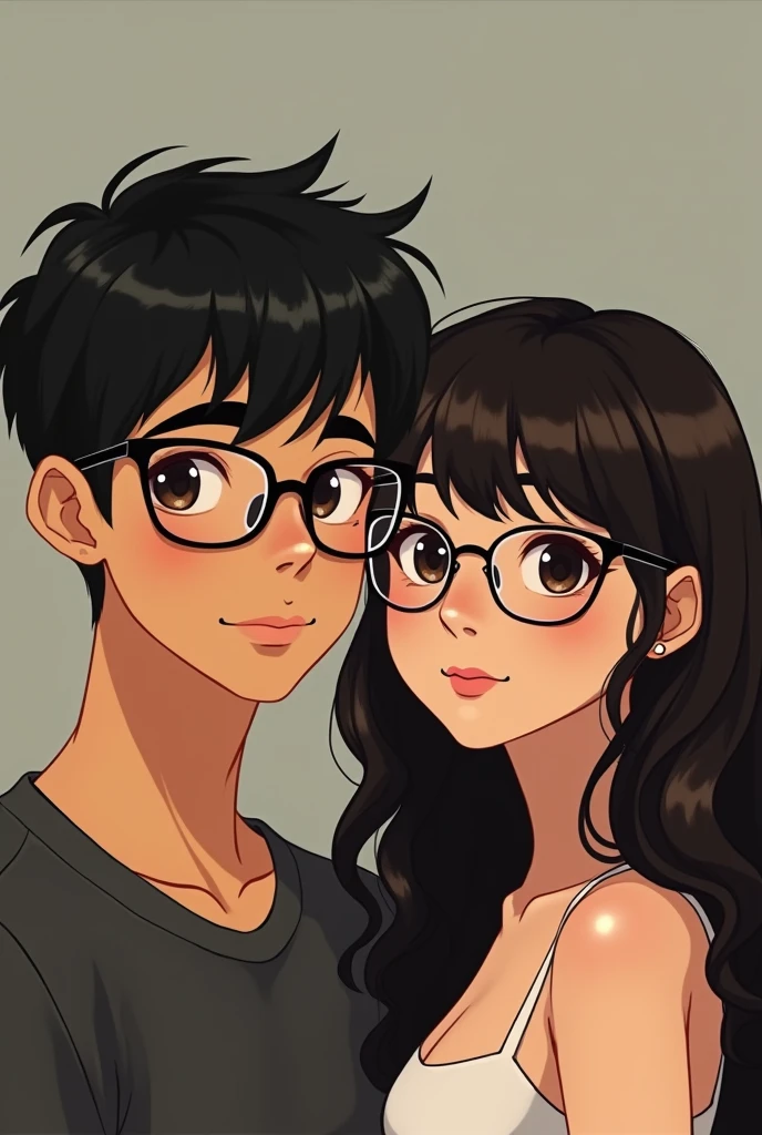 Show me a picture of a  couple where the boy is dark-skinned with straight hair down with a fate rug cut that reaches his ears and one in the part the pills, He has bangs that cover his forehead which is straight and his hair is short,with black semi-square glasses semi-small eyes, He has a line on his eyebrow and the girl is darker but only one shade lighter than him., but it is not white, with long semi-wavy hair a little shorter than him, she wears transparent semi-circular glasses at the bottom and semi-square glasses at the top, the girl doesn&#39;t wear bangs, He has a mole on the right side above his mouth., They are both thin with dark brown eyes 