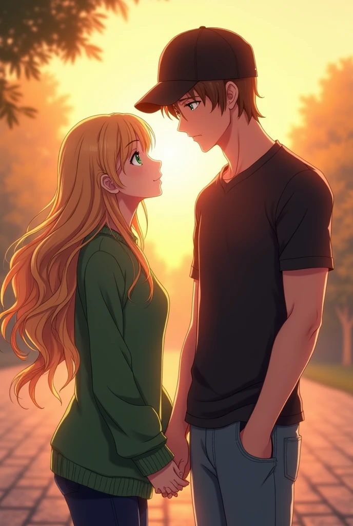 Anime, blond, long hair, green eyes, green sweater, gray skirt holding hands with a tall, brown hair guy, black cap, black t-shirt, black jeans, at the dusk