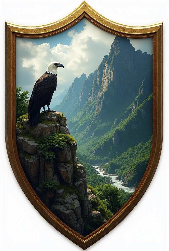 Design a shield containing a mountain with green vegetation, rio, the white-necked Andean condor standing on the top of the mountain and having its profile and vegetation