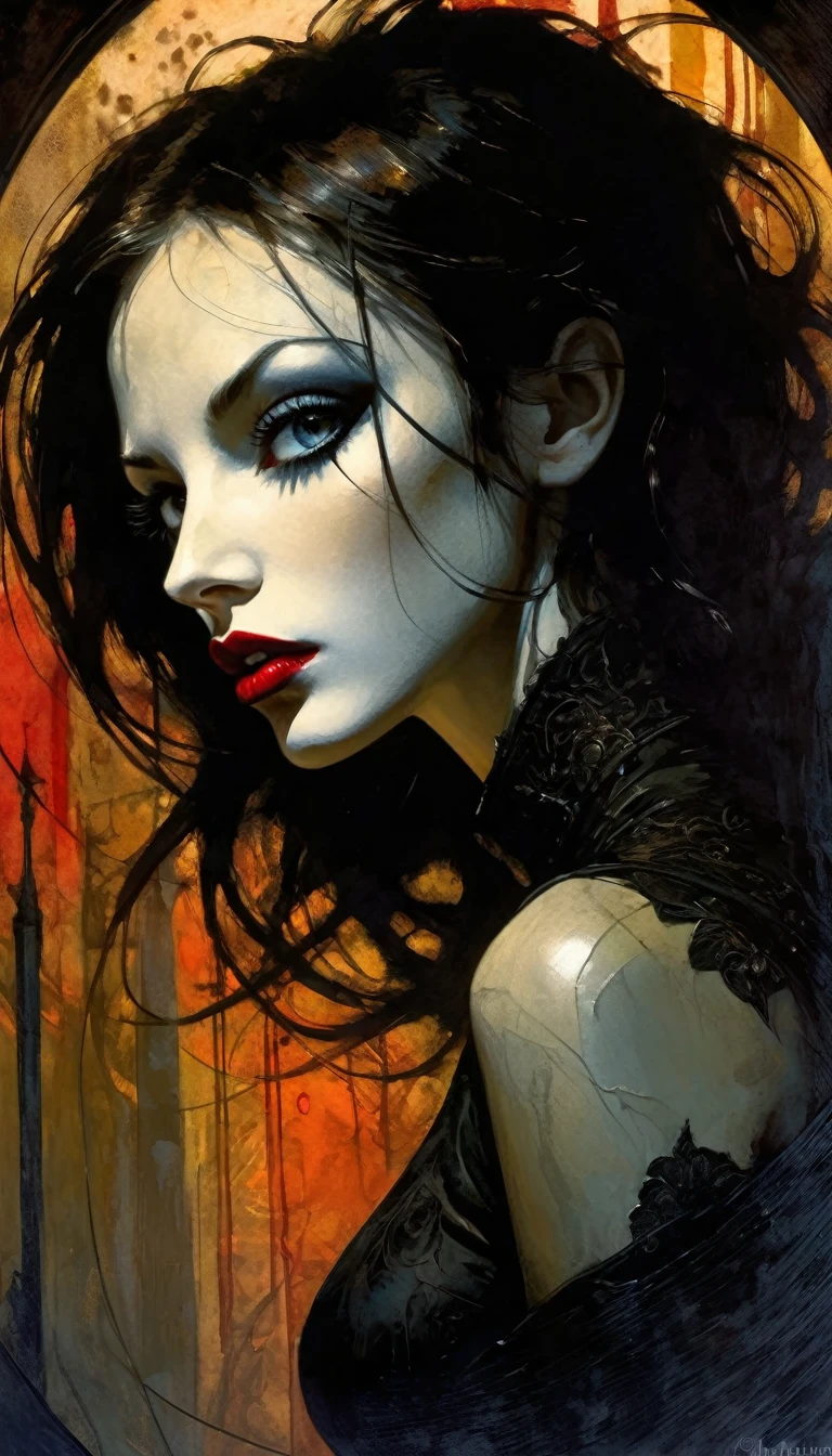 sexy vampire girl in the city ​​of blood, gloomy buildings, blood canals, eroticism, sexy, black and white image, between shadows, oil painting, chiaroscuro, sensual, dramatic lighting, moody atmosphere, photorealistic, intricate details, masterpiece, ultra-detailed, high quality, 8k, best quality, realistic, blood, cinematic, dark and brooding, expressionistic, powerful composition, emotional impact, (best quality, 4k, 8k, high resolution, masterpiece: 1.2), ultra-detailed, (realistic, photorealistic, photorealistic: 1.37), details intricate, vivid colors, sharp focus, professional, Dave McKean artwork, surrealism oil touch, oil painting style, portrait, woman, beautiful detailed eyes, beautiful detailed lips, dreamy atmosphere, shadow play, lighting soft, fun pose, dark tones, ethereal background, fantasy elements, texture, layered composition.art inspired by Bill Sienkiewicz and Dave McKean
