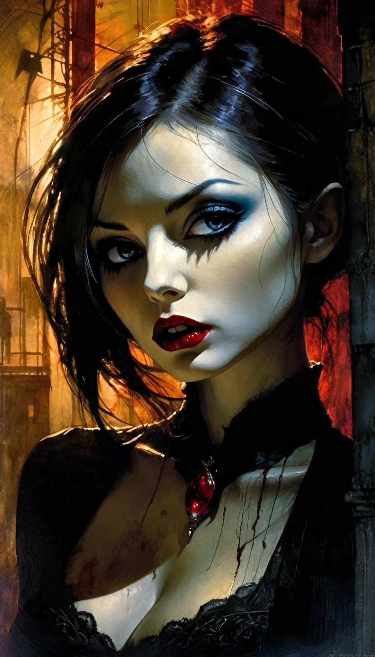 sexy vampire girl in the city ​​of blood, gloomy buildings, blood canals, eroticism, sexy, black and white image, between shadows, oil painting, chiaroscuro, sensual, dramatic lighting, moody atmosphere, photorealistic, intricate details, masterpiece, ultra-detailed, high quality, 8k, best quality, realistic, blood, cinematic, dark and brooding, expressionistic, powerful composition, emotional impact, (best quality, 4k, 8k, high resolution, masterpiece: 1.2), ultra-detailed, (realistic, photorealistic, photorealistic: 1.37), details intricate, vivid colors, sharp focus, professional, Dave McKean artwork, surrealism oil touch, oil painting style, portrait, woman, beautiful detailed eyes, beautiful detailed lips, dreamy atmosphere, shadow play, lighting soft, fun pose, dark tones, ethereal background, fantasy elements, texture, layered composition.art inspired by Bill Sienkiewicz and Dave McKean
