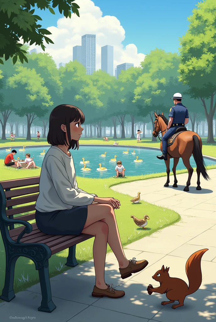 make a woman sitting on a bench, in front of you there is a squirrel with a nut in its hand, behind this woman there is something with ducks, There are children playing, and a man and a woman having a picnic, and there is a policeman riding a horse
