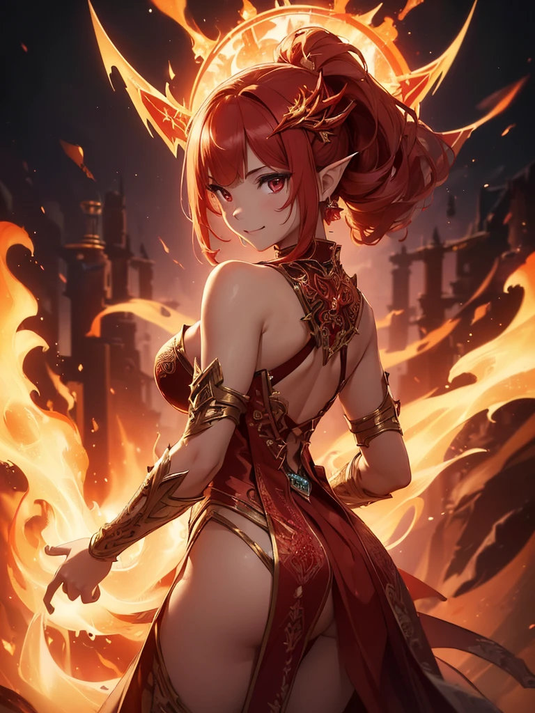 (((best quality, sharp image, clear image, cinematic lighting, 8k resolution, masterpiece, ultra detailed, intricate))) Girl, sorcerer, cute, intricate dress, smiling, fiery red, ((intricate background)), (rune frame), dimension, ((shot from behind)), fire sigils, chaotic background, ((half-body shot))
