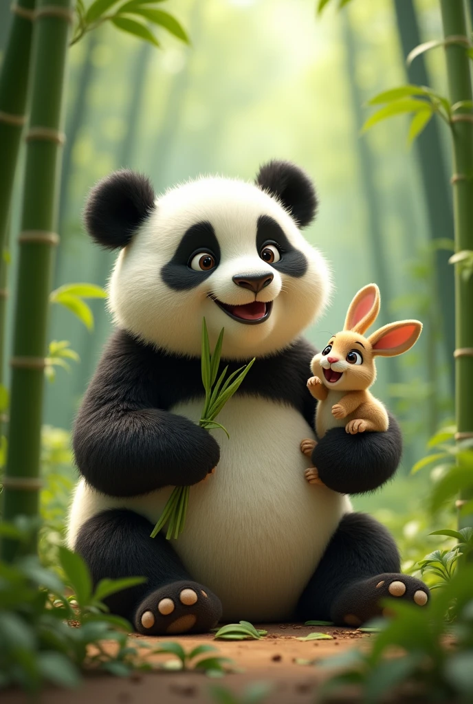 Animated panda eating bambo and the panda has a rabbit in the knee