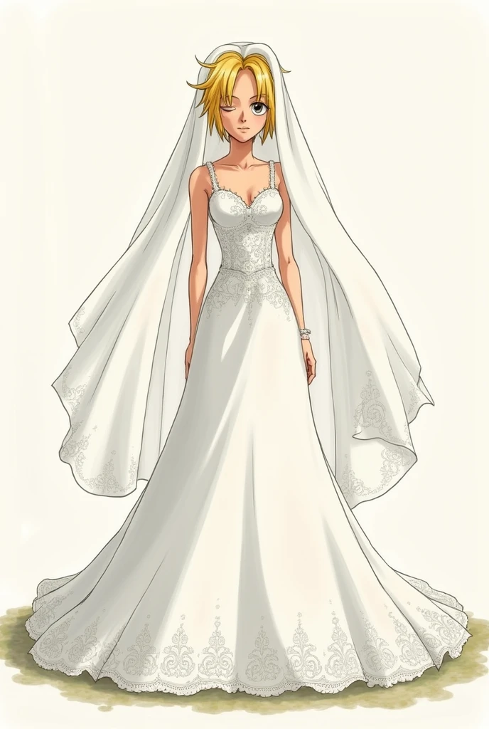 Create a blond man, on one side her hair, covering his right eye, with spiral eyebrows, white wedding dress and curtain on her head, the character is Sanji, One Piece animation Toei Animation.