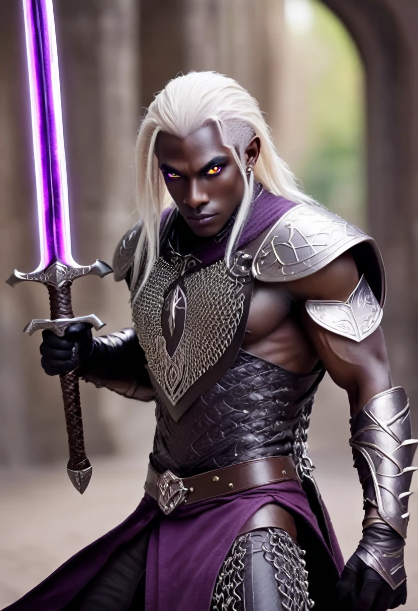 A dark elf rogue (male, pitch black skin, violet eyes, platinum hair, lean and muscular, wielding long sword and metal shield, chain mail, spider motif) is striking combat poses, deep magical dungeon