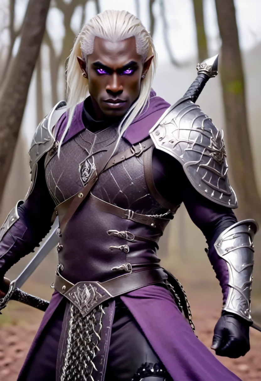A dark elf rogue (male, pitch black skin, violet eyes, platinum hair, lean and muscular, wielding long sword and metal shield, chain mail, spider motif) is striking combat poses, deep magical dungeon