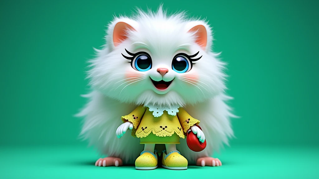 plush very fluffy cat, White wool, like a stoat, Stands on its hind legs, in a yellow lace dress,yellow shoes, red bag, blue doll eyes with big eyelashes, smiles with open mouth, speaks, moves his paws, spreading out the sides, 3D стиль, 8k , 4K, HD, clean background, style, I guess, votive plush very fluffy cat, White wool, like a stoat, Stands on its hind legs, in a dark blue lace dress,blue shoes, red bag, blue doll eyes with big eyelashes, smiles with open mouth, speaks, moves his paws, spreading out the sides, 3D стиль, 8k , 4K, HD, clean background, style, I guess, votive