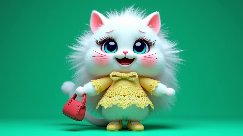 plush very fluffy cat, White wool, like a stoat, Stands on its hind legs, in a yellow lace dress,yellow shoes, red bag, blue doll eyes with big eyelashes, smiles with open mouth, speaks, moves his paws, spreading out the sides, 3D стиль, 8k , 4K, HD, clean background, style, I guess, votive plush very fluffy cat, White wool, like a stoat, Stands on its hind legs, in a dark blue lace dress,blue shoes, red bag, blue doll eyes with big eyelashes, smiles with open mouth, speaks, moves his paws, spreading out the sides, 3D стиль, 8k , 4K, HD, clean background, style, I guess, votive