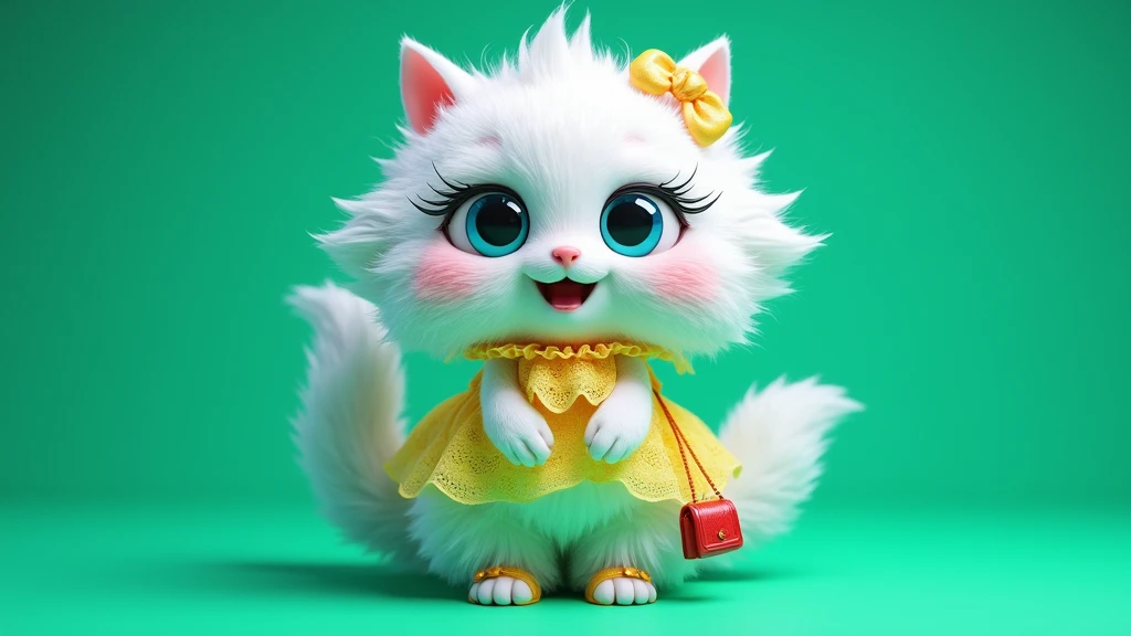plush very fluffy cat, White wool, like a stoat, Stands on its hind legs, in a yellow lace dress,yellow shoes, red bag, blue doll eyes with big eyelashes, smiles with open mouth, speaks, moves his paws, spreading out the sides, 3D стиль, 8k , 4K, HD, clean background, style, I guess, votive plush very fluffy cat, White wool, like a stoat, Stands on its hind legs, in a dark blue lace dress,blue shoes, red bag, blue doll eyes with big eyelashes, smiles with open mouth, speaks, moves his paws, spreading out the sides, 3D стиль, 8k , 4K, HD, clean background, style, I guess, votive