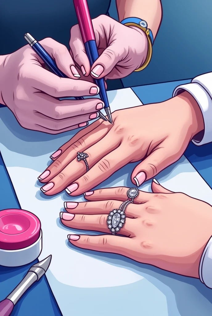 HAND OF A PERSON AND HAND OF A MANICURIST FIXING NAILS ANIMATED DRAWING WITH PINK AND BLUE COLORS AND IN WHICH THE MANICURE TOOLS CAN BE SEEN AS IF THEY WERE ON A TABLE WITH THEIR 5 FINGERS AND THAT THEIR FINGERS HAVE BEAUTIFUL NAILS WITH RINGS IN WHICH ONLY ONE HAND CAN BE SEEN