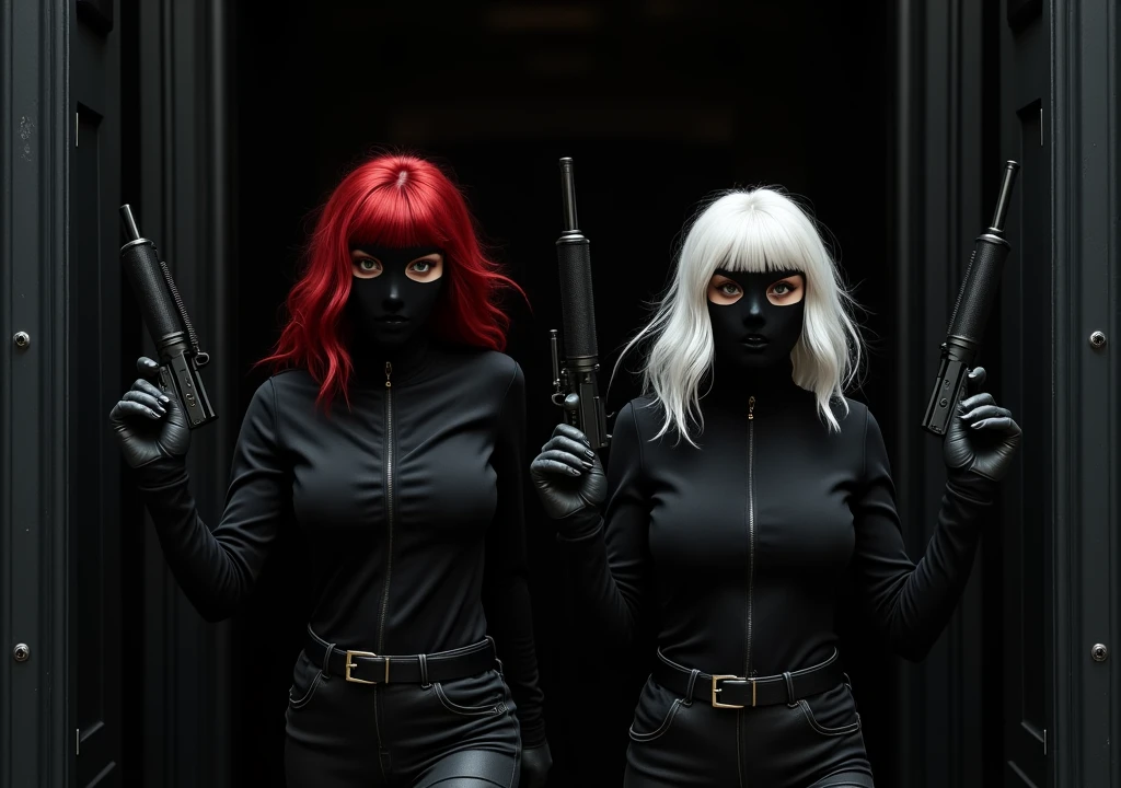 security cameras, showing the faces of two women, one redhead with a robbery mask and one with white hair with a robbery mask.