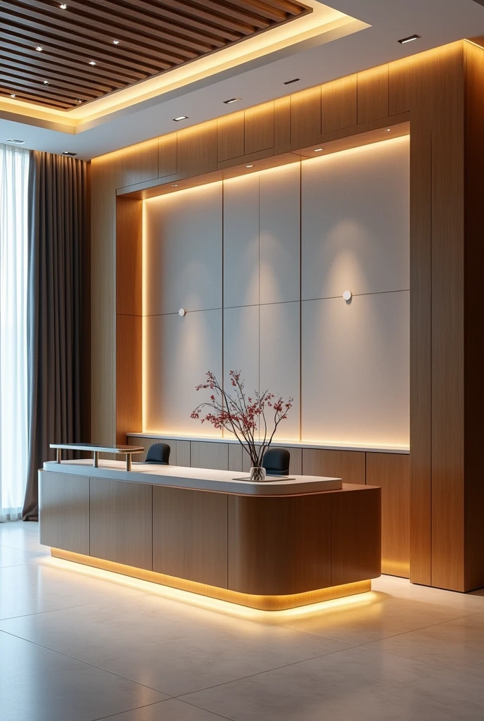 create a custom piece of furniture for a reception area and on the wall there are two doors in each corner in a square shape