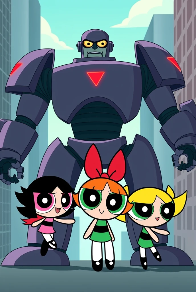 Blossom gives instructions to her sisters: Bubbles will distract the robot, Butter cup will try to disable it from inside, while she will search for the source of the robot&#39;s power.