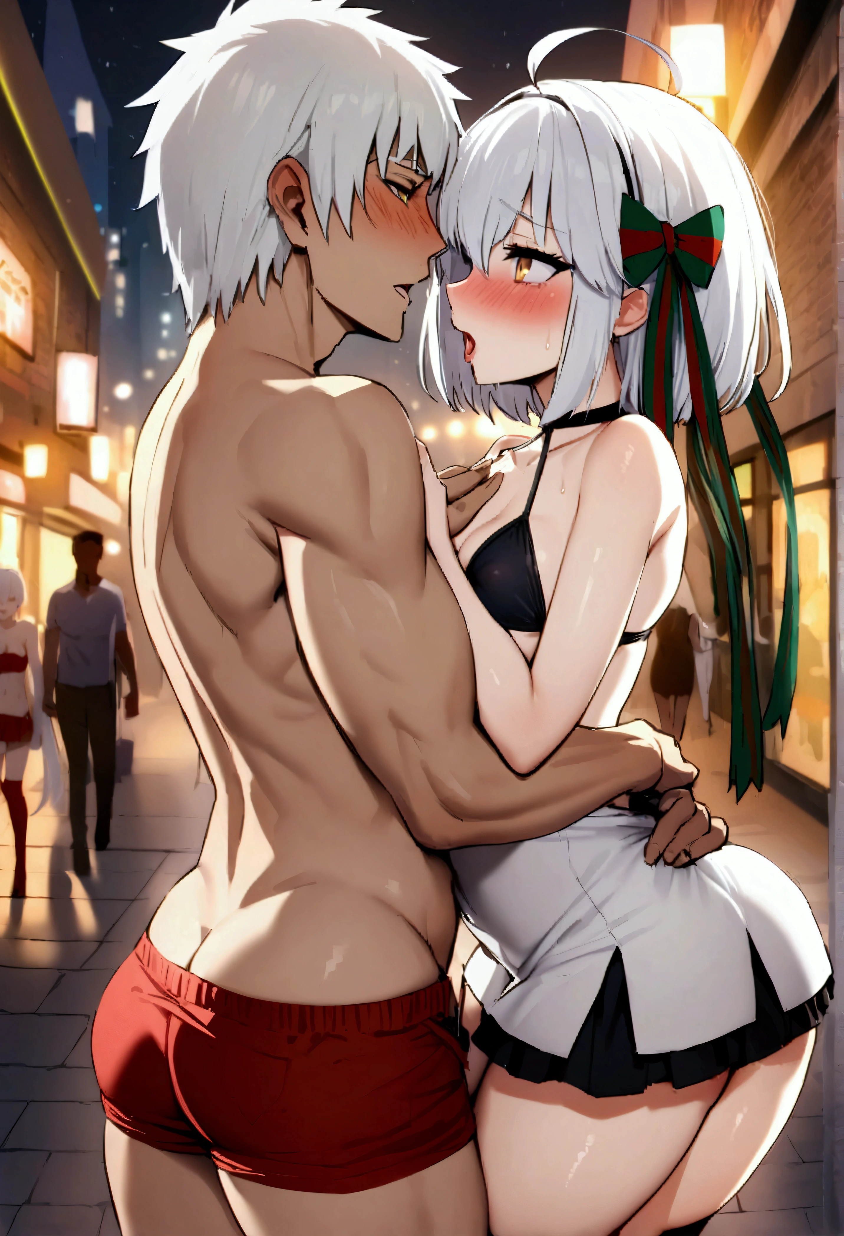 NSFW,masterpiece,Highest quality,High resolution,Very detailed,,Joan of Arc Horta Santa Lily\(Fate/grandorder\),(White Hair),Short Hair,Headpiece,Golden Eyes,Small breasts,Santa costume,White cut-in dress,mini skirt,Black bikini top,Knee socks,Nightlife,In town,Face in love,blush,(Lustful face),Estrus,Molester,sexual harassment,(Prostitute),barker,Seduce,(Young men),Grab your chest,Embrace