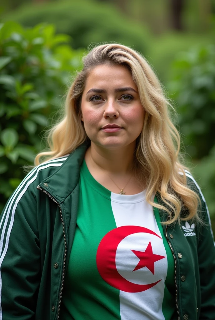 Close up, blonde, plump woman . Wearing an Adidas coat, a T-shirt with the Algerian flag half white and half green, green nature background