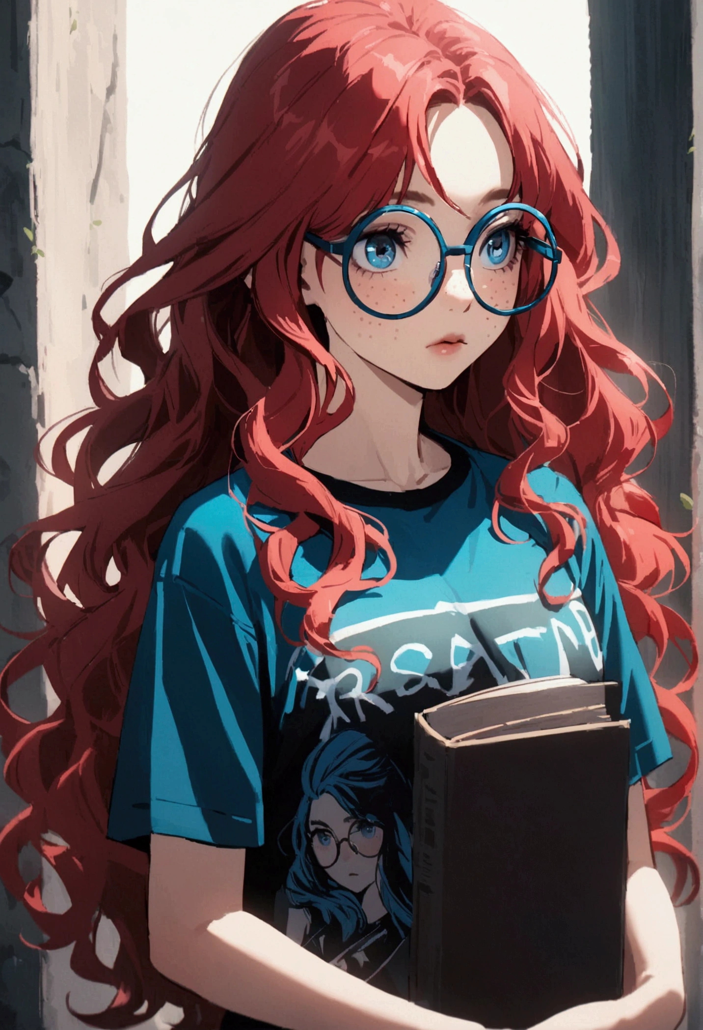 Red-haired girl with long wavy hair, with freckles on his face, blue colored eyes, Round Eyeglasses, wearing a rock band shirt and holding some books.