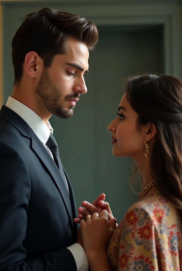 A very tall , handsome ceo man with a rude gaze staring down at beautiful Indian girl with a fair skin tone lawyer girl , and the girl is folding her hands and staring back at him angrily, the boy has clean shave face , and handsome features