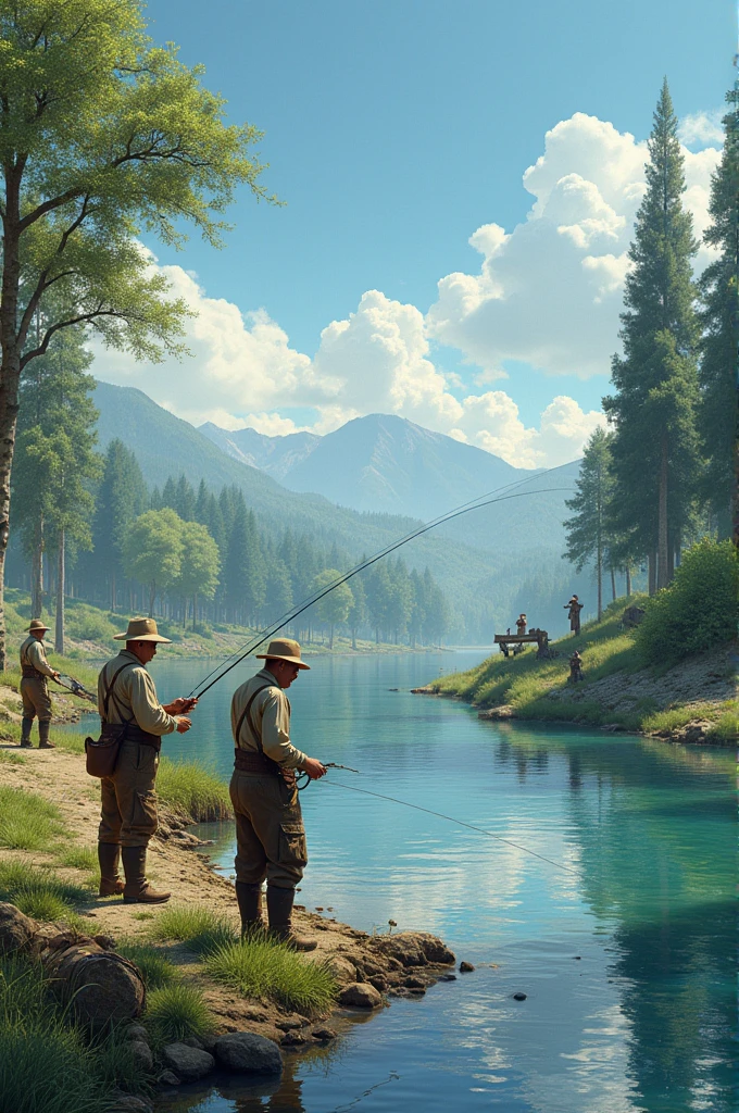 Create some fishermen in a river,super realistic