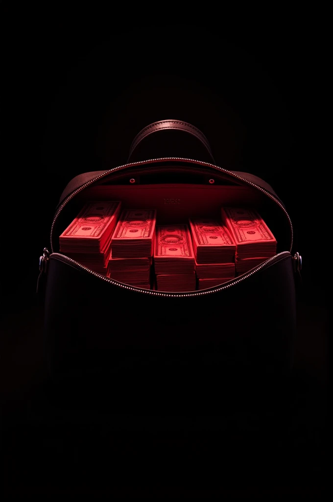 Look at a million dollars. Draw on a completely black screen. Draw mainly in red. Draw it in a bag, but let it be a black bag that can be carried by hand. Let the bag be open and let's see the bundles of money side by side in the bag.