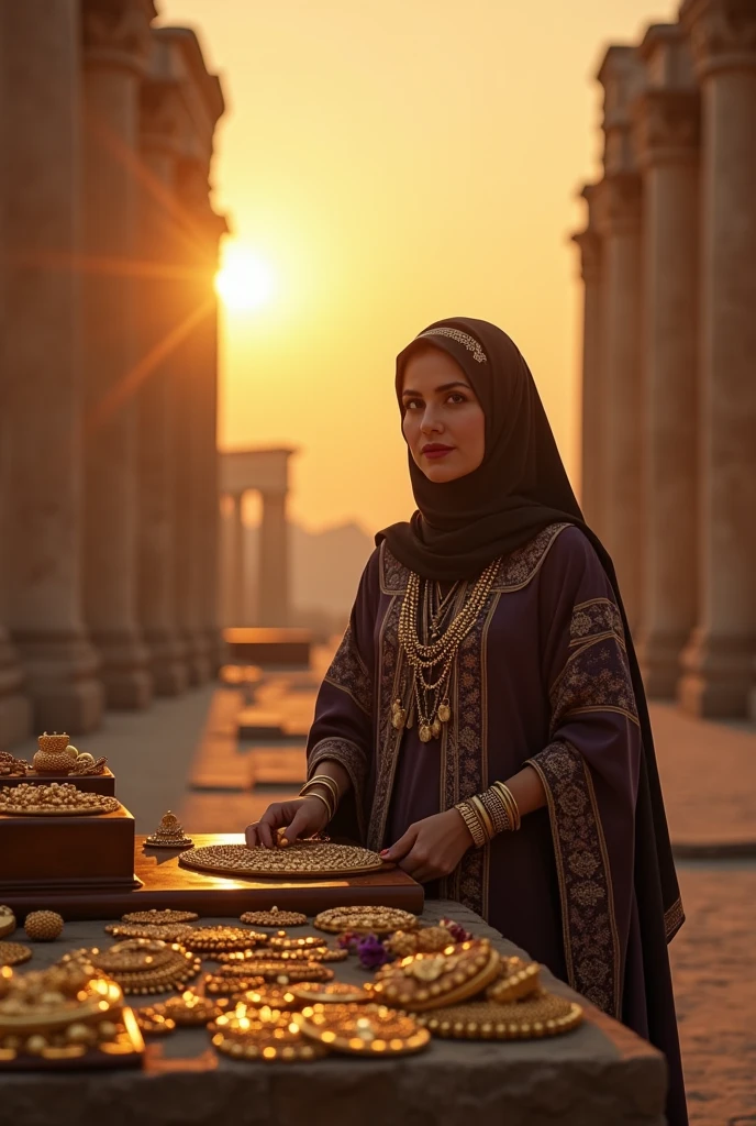 An authentic Iranian woman sells gold alone with her jewelry at sunset in Persepolis.
