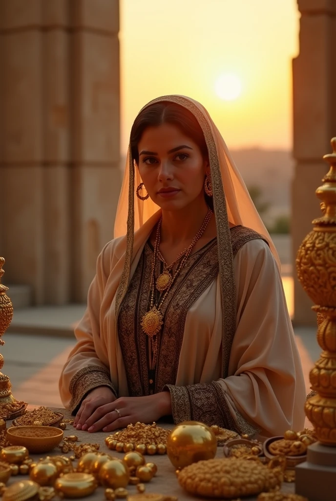 An authentic Iranian woman sells gold alone with her jewelry at sunset in Persepolis.
