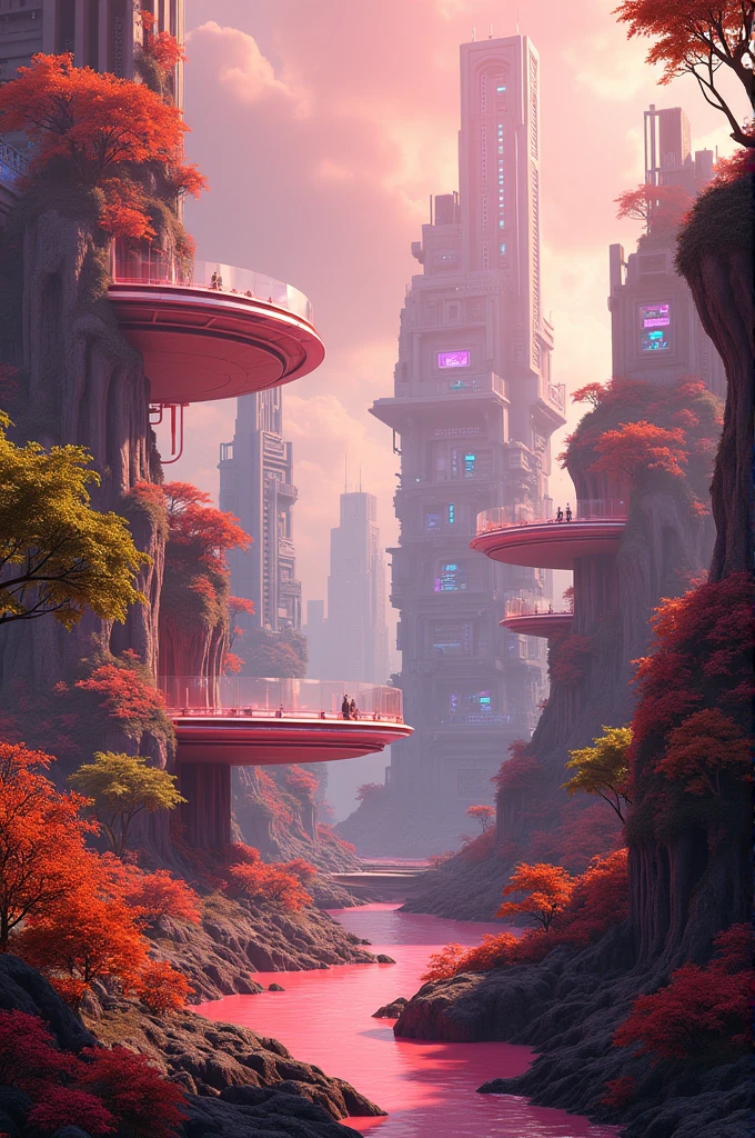 Futuristic island, red , optimistic environment, very beautiful, beyond imagination
