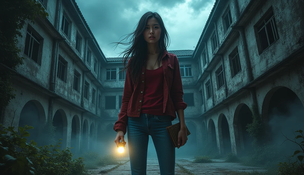 Create a mysterious and eerie cover for a story titled 'Shadows of Mae Fah Luang.' The scene should feature an old, abandoned university building partially covered in vines, with broken windows that seem to watch the viewer. In the foreground, a young woman (Maya) in her early twenties, with a determined yet anxious expression, is holding a flashlight and an ancient book. The atmosphere is dark and suspenseful, with shadows creeping along the walls and the faint outline of a hidden staircase leading underground visible behind her. The sky above is overcast, with swirling clouds adding to the tension. Include subtle ghostly whispers and symbols etched into the walls, hinting at the mystery within. The title should be prominently displayed at the top in a gothic-style font, with a subtitle below: 'An Untold Mystery of Mae Fah Luang.'" wearing red shirt jacket and blue jeans holding flashlight with long hair and beautiful