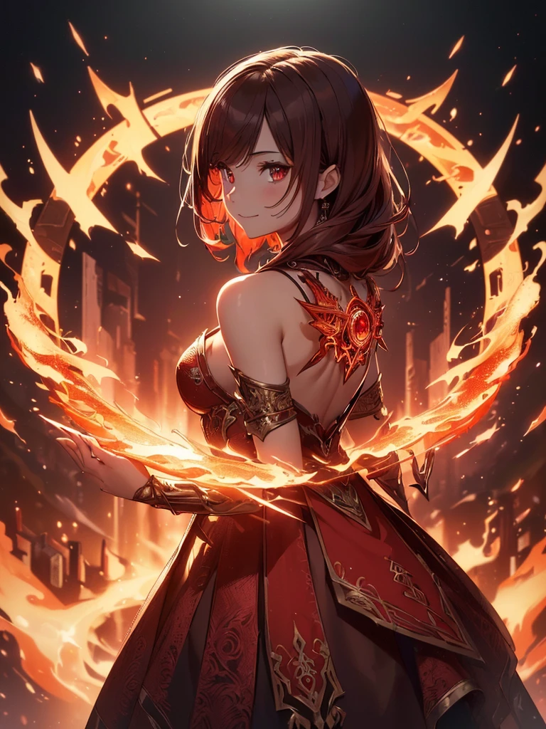 (((best quality, sharp image, clear image, cinematic lighting, 8k resolution, masterpiece, ultra detailed, intricate))) Girl, sorcerer, cute, intricate dress, smiling, fiery red, ((intricate background)), (rune frame), dimension, ((shot from behind)), fire sigils, chaotic background, ((half-body shot))