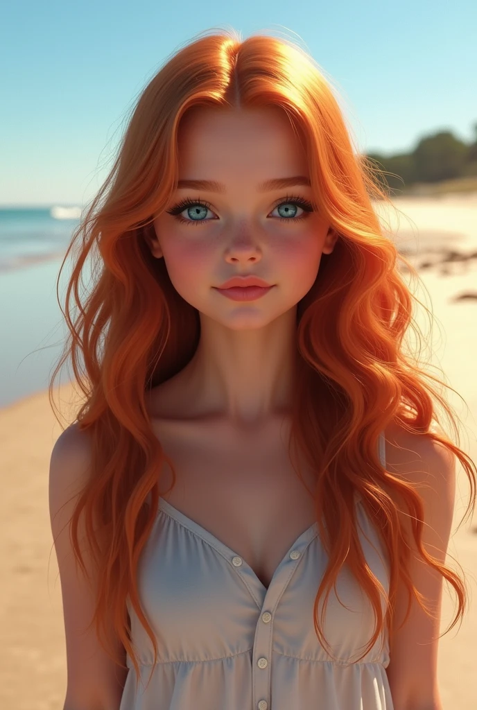 A beach girl, red and wavy hair, blue colored eyes, Caucasian skin, angelic and attractive appearance. May she have a youthful and angelic appearance, who appears to be a teenager. Make her like a character from Outer Banks, that she is with Kiara and Sarah