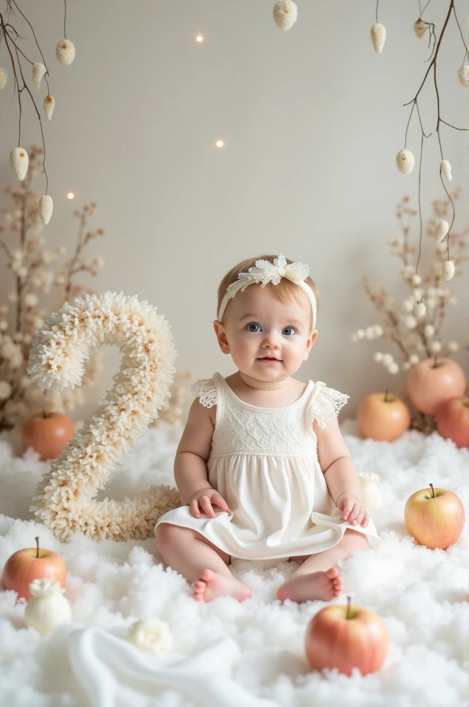 A photo of a 2 month birthday party with a snow white theme. Apples forming the number 2