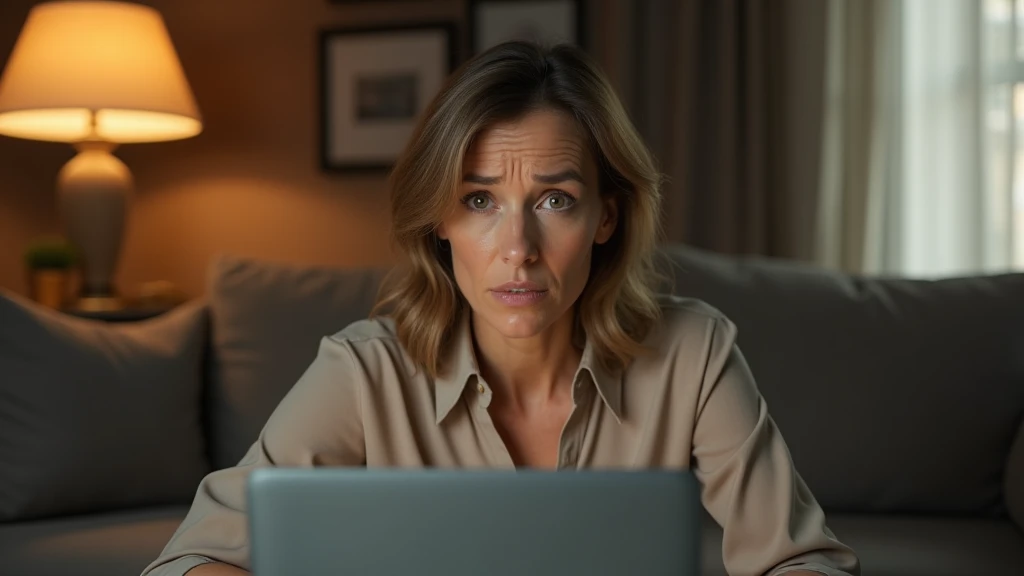 An ultra-realistic portrait of a woman in her 40s, with light brown hair and expressive eyes that reflect concern and urgency. She is wearing a neutral-colored blouse. The portrait should be from the waist up.
The woman is in a living room, with an open laptop on the coffee table in front of her. The environment should include elements such as a sofa and a lamp, but should be blurred so as not to distract from the main subject.
The lighting should be soft and warm, with light from a lamp coming from above, creating subtle shadows that accentuate the woman's worried expression. The light should highlight the eyes and the texture of the skin, emphasizing the seriousness of the situation.
The image should convey a sense of urgency and concern, with a touch of tension. Suggest a warm color palette, such as golds and browns, that complements the atmosphere of the living room.
The photo should be of high quality, with 8k rendering and extreme detail, capturing the emotional essence of the moment.