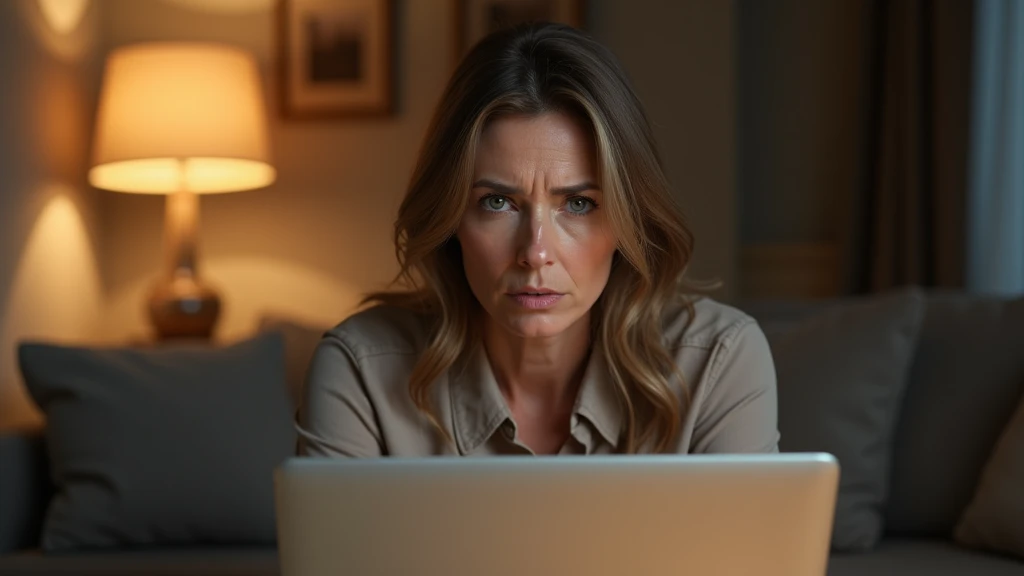 An ultra-realistic portrait of a woman in her 40s, with light brown hair and expressive eyes that reflect concern and urgency. She is wearing a neutral-colored blouse. The portrait should be from the waist up.
The woman is in a living room, with an open laptop on the coffee table in front of her. The environment should include elements such as a sofa and a lamp, but should be blurred so as not to distract from the main subject.
The lighting should be soft and warm, with light from a lamp coming from above, creating subtle shadows that accentuate the woman's worried expression. The light should highlight the eyes and the texture of the skin, emphasizing the seriousness of the situation.
The image should convey a sense of urgency and concern, with a touch of tension. Suggest a warm color palette, such as golds and browns, that complements the atmosphere of the living room.
The photo should be of high quality, with 8k rendering and extreme detail, capturing the emotional essence of the moment.