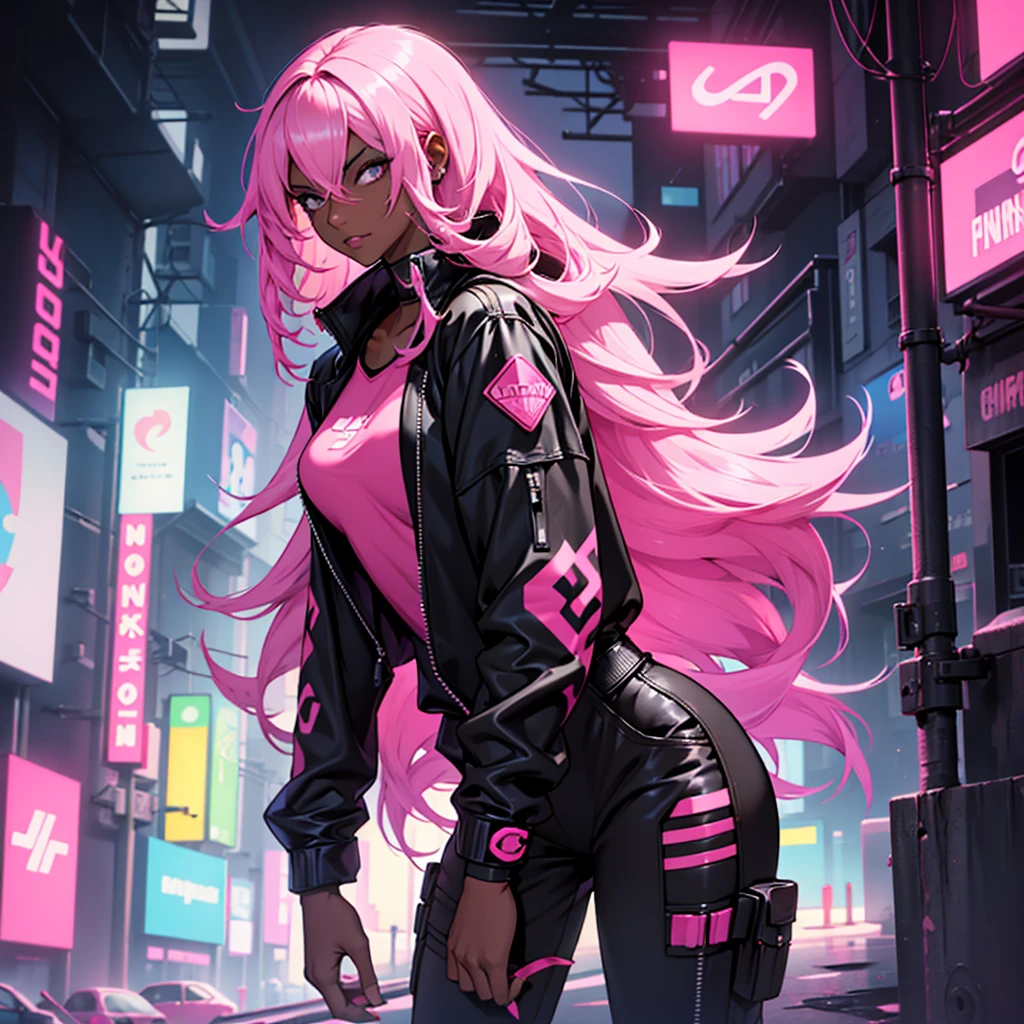 Woman with dark skin, straight hair, dark skin, wears a black jumpsuit with pink, wears a dark pink cape, Cyberpunk style, pink hair
1 , Olhando para o espectador, Fundo simples,