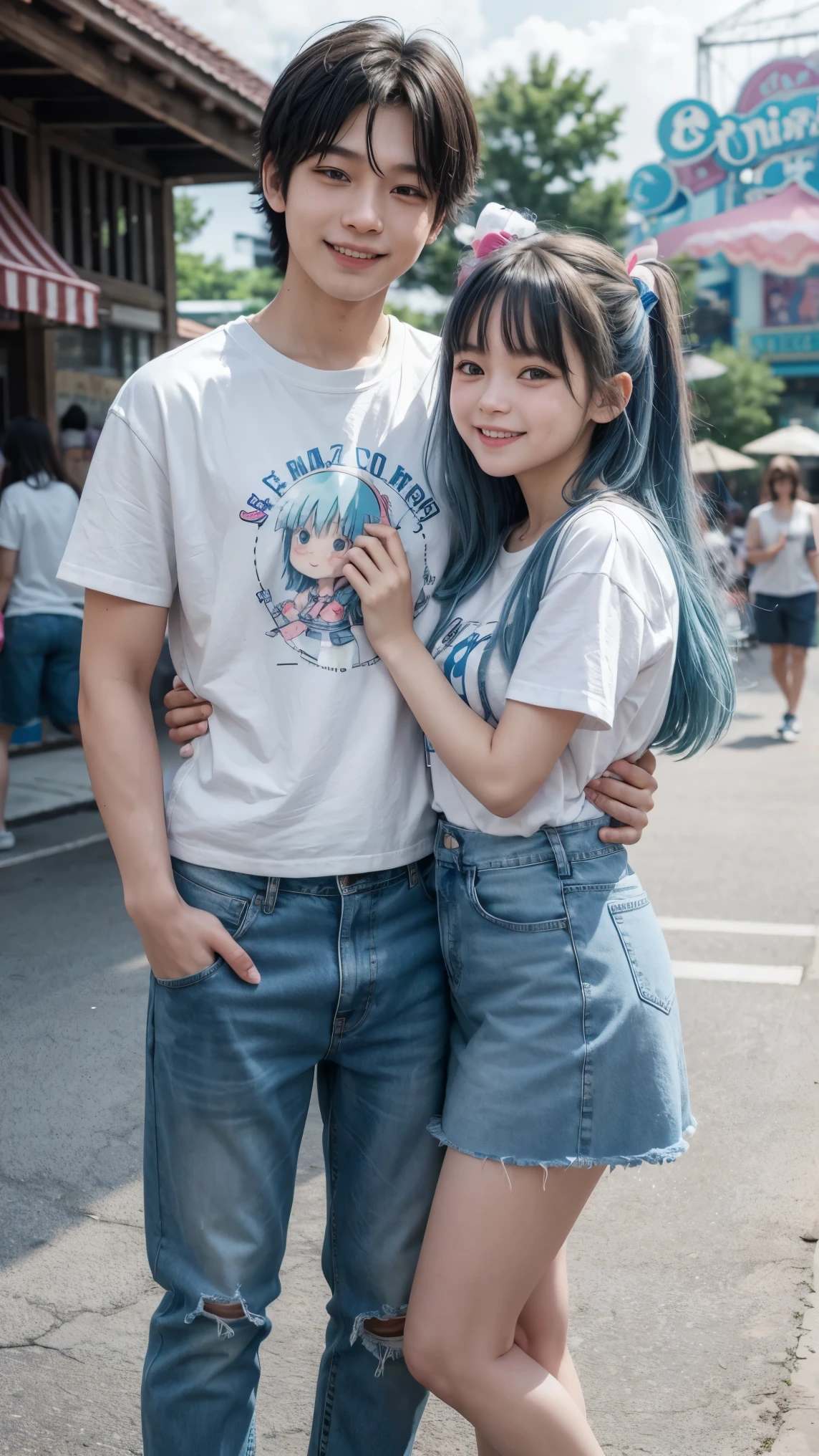 1 cute girl, outgoing with perfect smile long hair with bangs, Asian with cute character shirt, denim skirt, White sneakers.
1 Blue haired boy, anime blouse, jeans, White sneakers.
They are both smiling, the girl hugging the boy from behind, both holding hands.. They are in an amusement park, holding colorful cotton candy in left and right hands. It's a sunny day the sky is clear, There are children in the background and a small duck lake behind