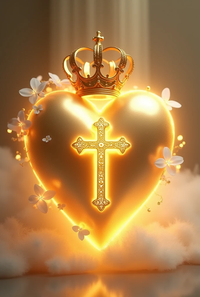 A 3D golden heart with a cross , a crown over the heart with white flowers
