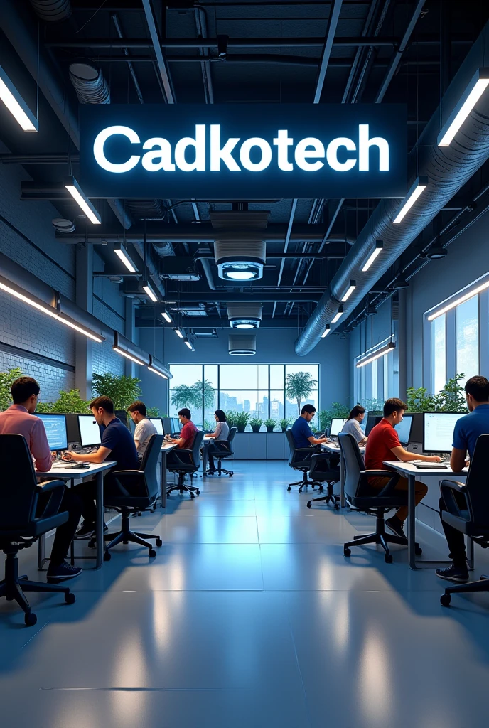 I want to create a new office design photo with the logo cadkotech with beautiful and sexy girls. We work in mechanics. We have 7 male members. We have 7 male members. Office about 100 m2