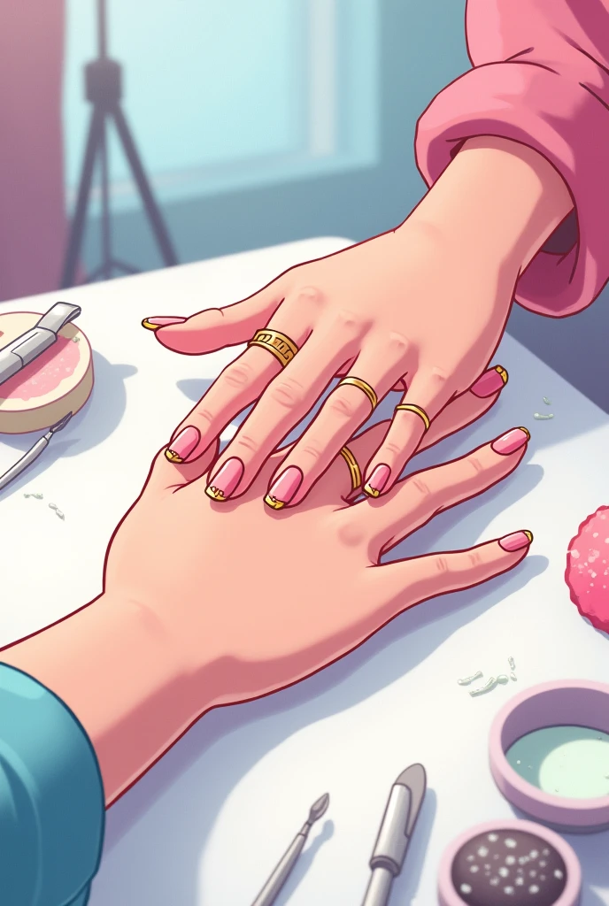 HAND OF A PERSON AND HAND OF A MANICURIST FIXING NAILS ANIMATED DRAWING WITH PINK AND BLUE COLORS AND IN WHICH THE MANICURE TOOLS CAN BE SEEN AS IF THEY WERE ON A TABLE WITH THEIR 5 FINGERS AND THAT THEIR FINGERS HAVE BEAUTIFUL NAILS WITH GOLD RINGS, that only one hand is seen








