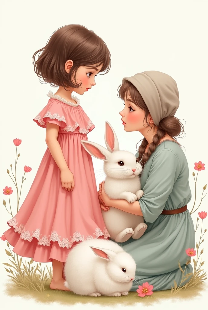 A drawing of a brunette girl with short, loose hair wearing a pink dress and a white rabbit on a transparent background and her aunt