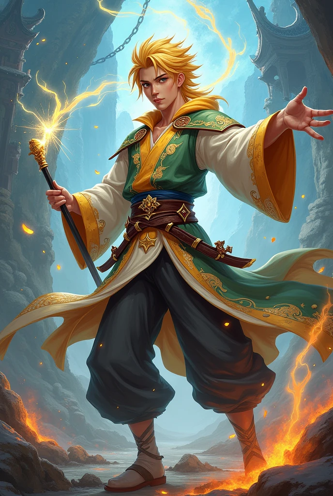 Young man, Yellow hair, Guardian Wizard Clothes, Thunder Knight, thunder whip, oriental clothes, 2d illustration. Estilo Genshin Impact.